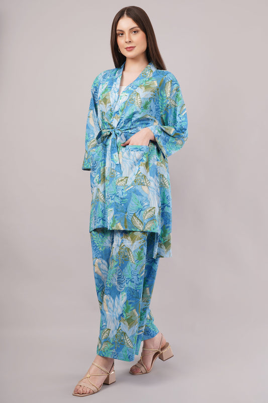 Tropical Blue Cotton Co-ord Set – Leafy Print with Wrap Top & Wide-Leg Pants