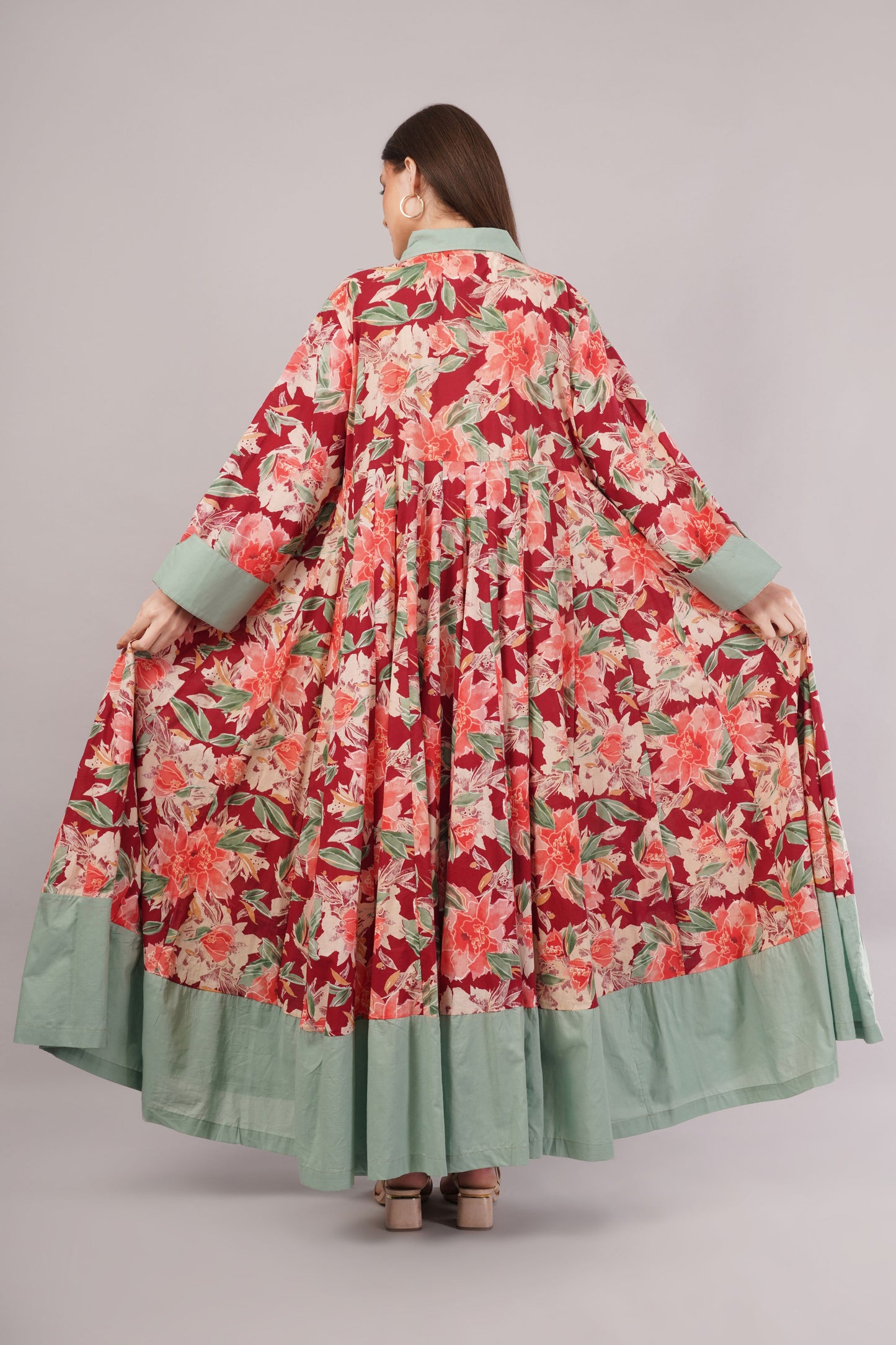 Red Floral Cotton Dress with Green Collar – Bold, Breezy & Stylish