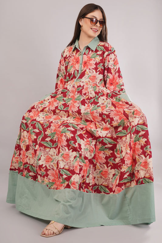 Red Floral Cotton Dress with Green Collar – Bold, Breezy & Stylish