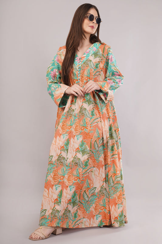Tropical V-Neck Cotton Dress– Vibrant, Breezy & Buttoned Elegance
