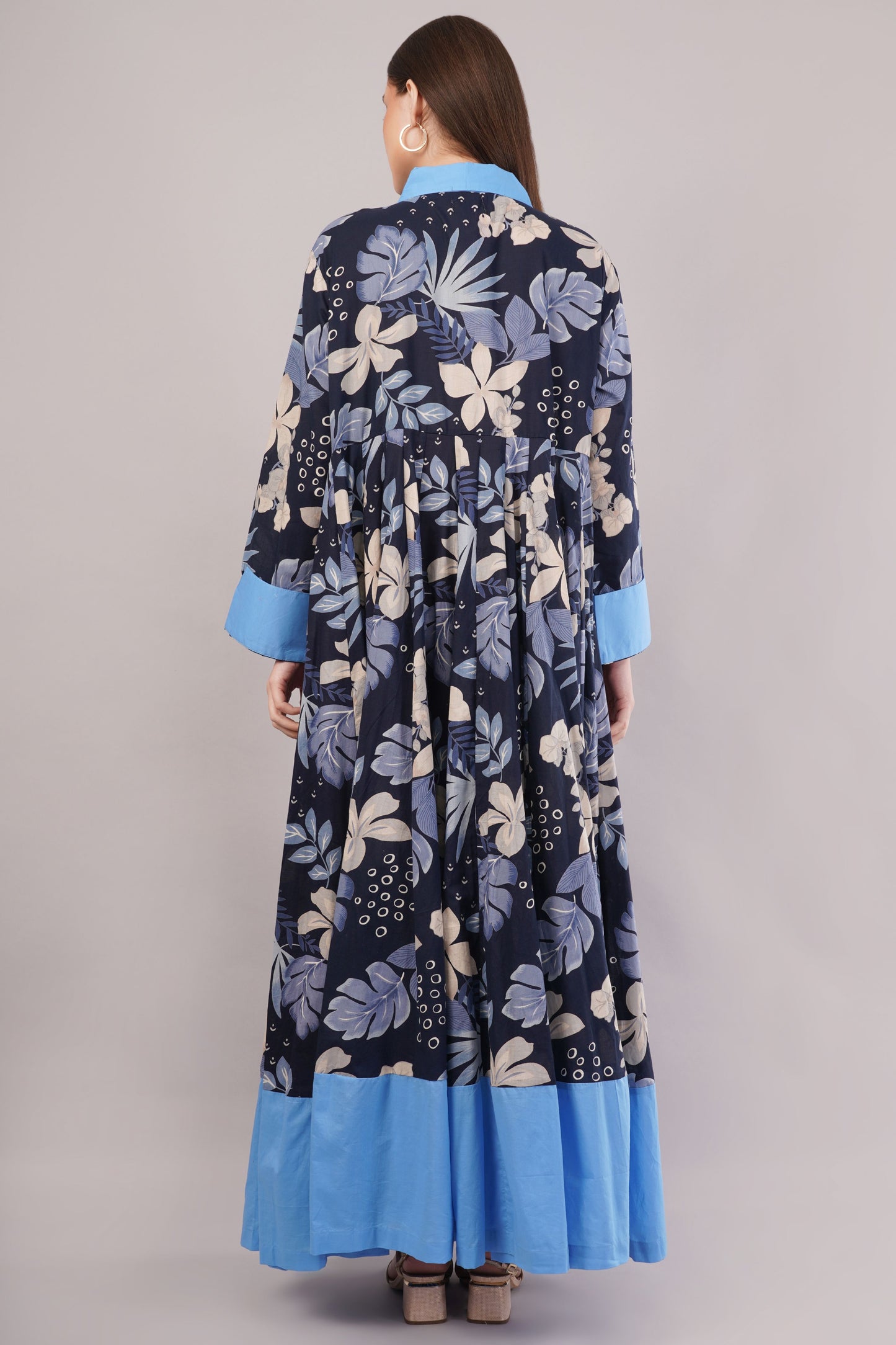 Navy Blue Floral Cotton Dress– Chic Comfort with Light Blue Trim