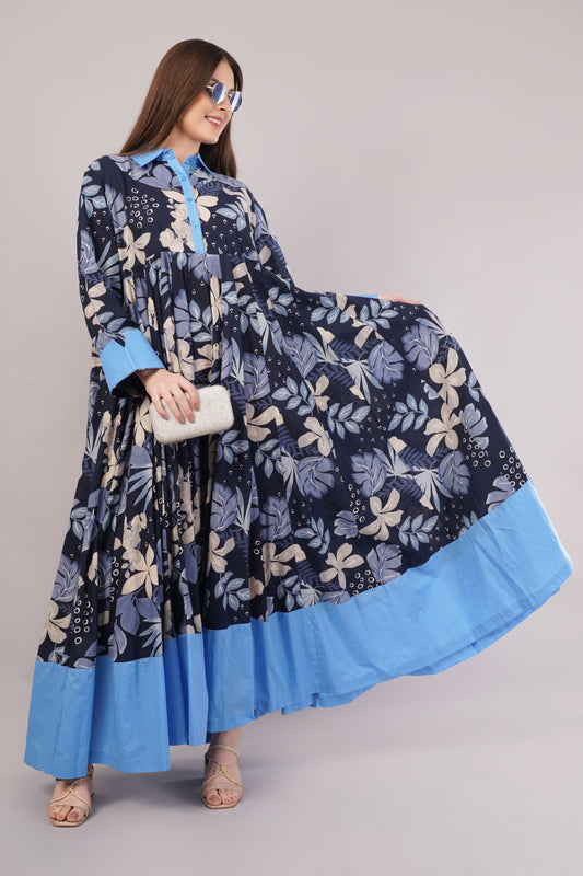 Navy Blue Floral Cotton Dress– Chic Comfort with Light Blue Trim