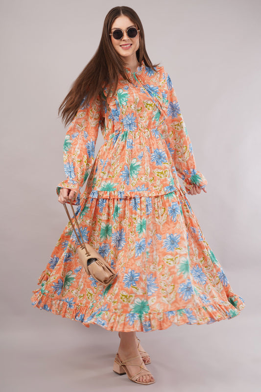 Peach Floral Cotton Dress– Soft Volume with Tiered Ruffle