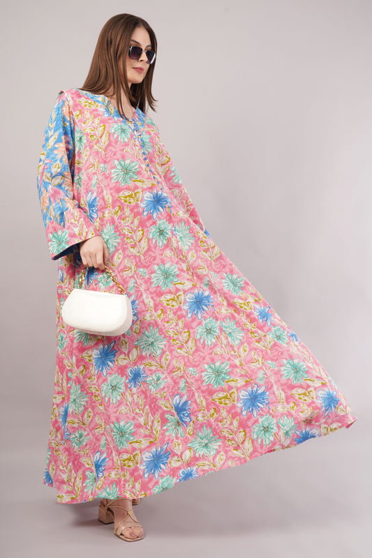 Pink Cotton Dress– Floral Fusion with Contrast Sleeve Detail
