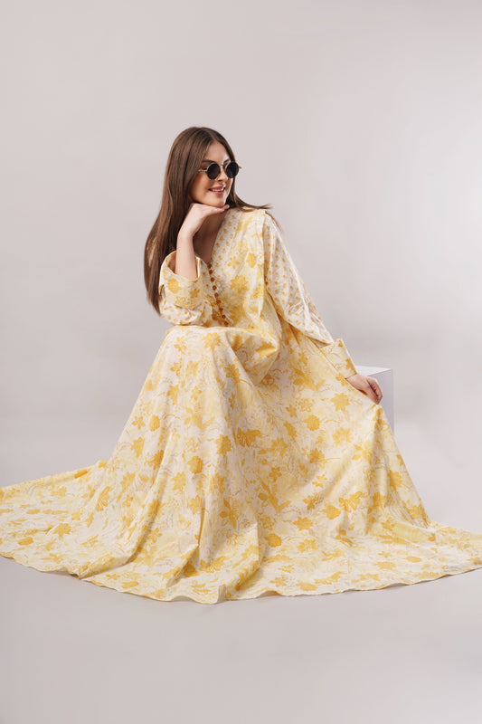 White Cotton Dress with Yellow Florals – Soft Elegance with Buttoned V-Neck