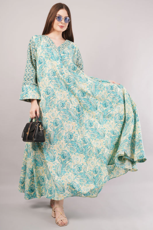 Turquoise Paisley Cotton Dress – Ethnic Chic with Zigzag Sleeve Detail