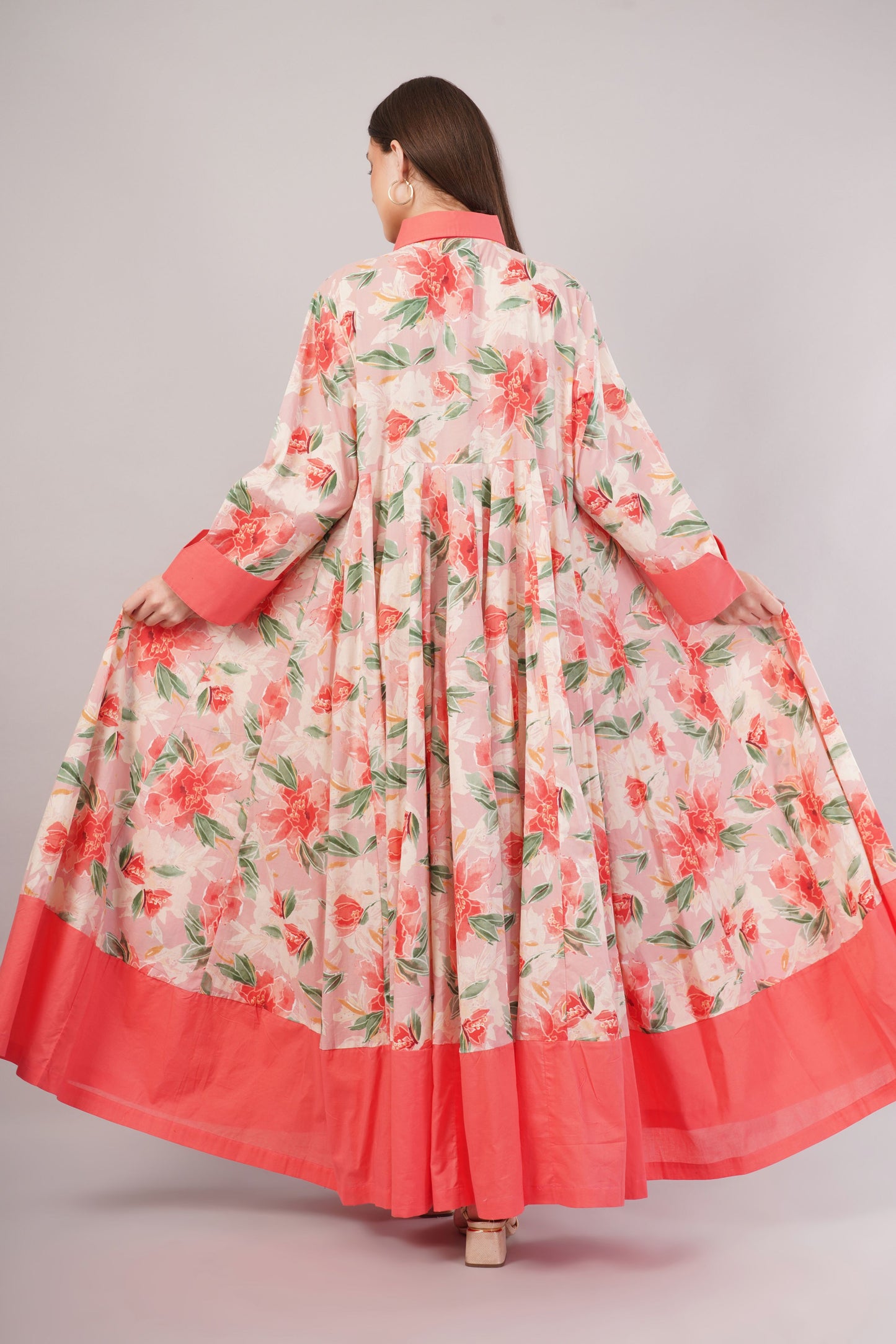 Orange Floral Cotton Dress – Romantic Blooms with Solid Collar & Hem