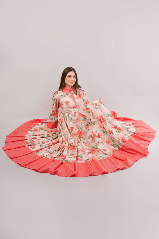 Orange Floral Cotton Dress – Romantic Blooms with Solid Collar & Hem