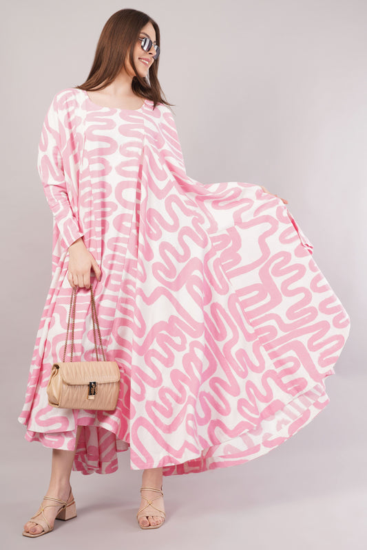 Pink Abstract Cotton Dress – Maze-Inspired Print with Dramatic Pleats