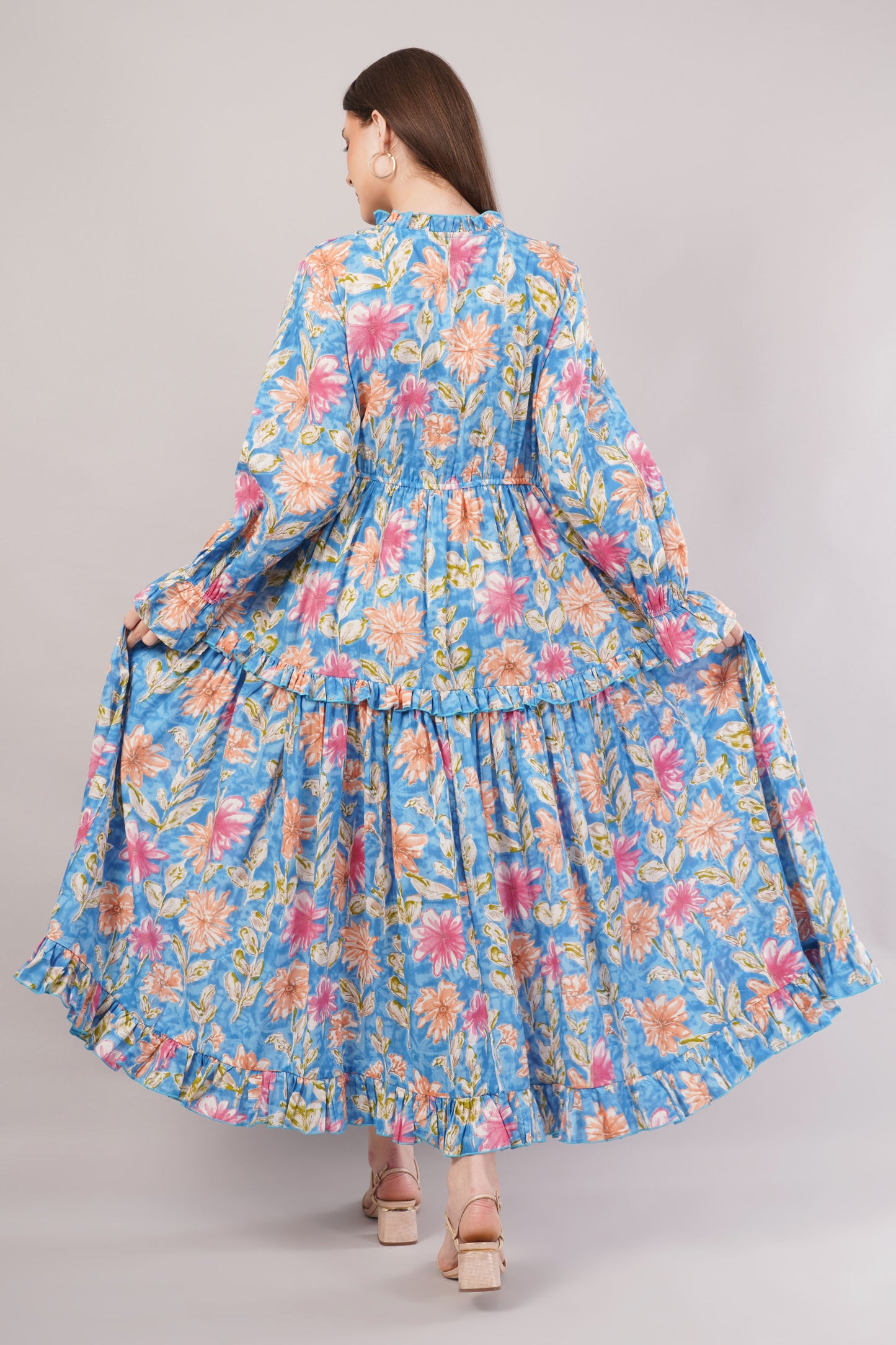 Blue Floral Cotton Dress– Voluminous Elegance with Ruffles & Gathered Waist