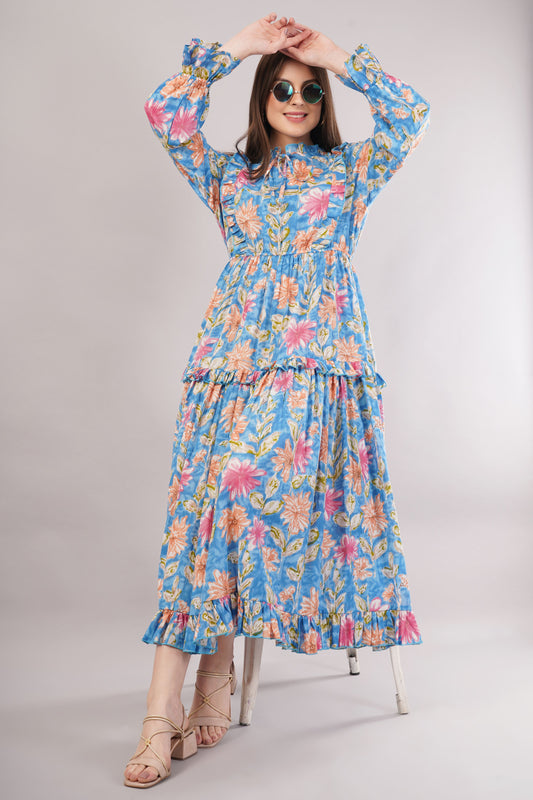 Blue Floral Cotton Dress– Voluminous Elegance with Ruffles & Gathered Waist