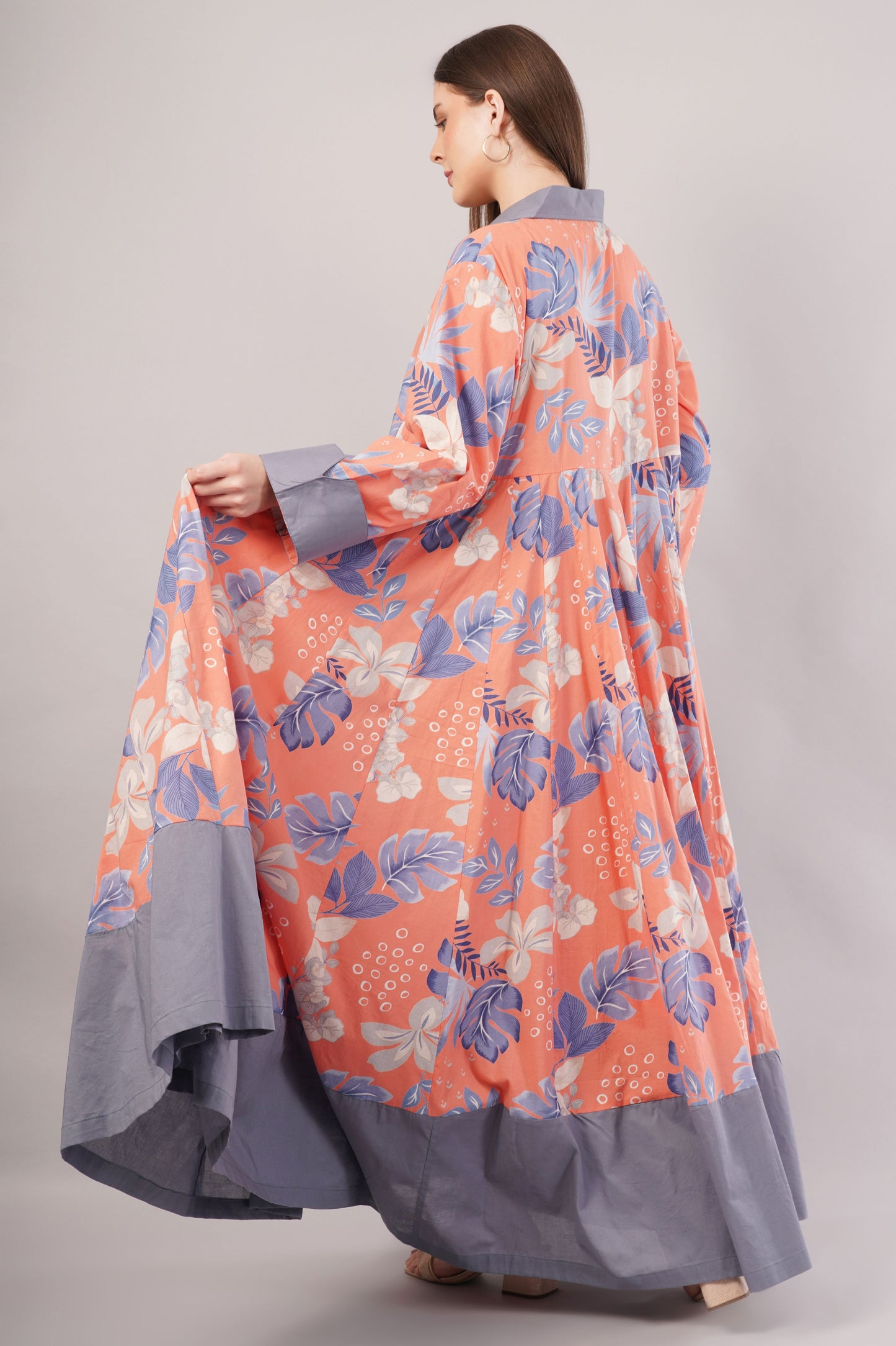Orange & Purple Floral Cotton Dress – Vibrant Print with Grey Collar & Hem