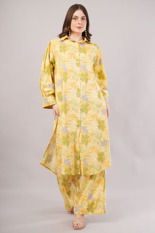 Women Floral Yellow Cotton Co-ord Set Dress – Button-Down Shirt & Wide-Leg Pants