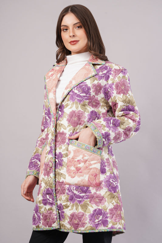 Purple & Pink Floral Quilted Reversible Jacket - Cotton Hand-Stitched Block Print Coat