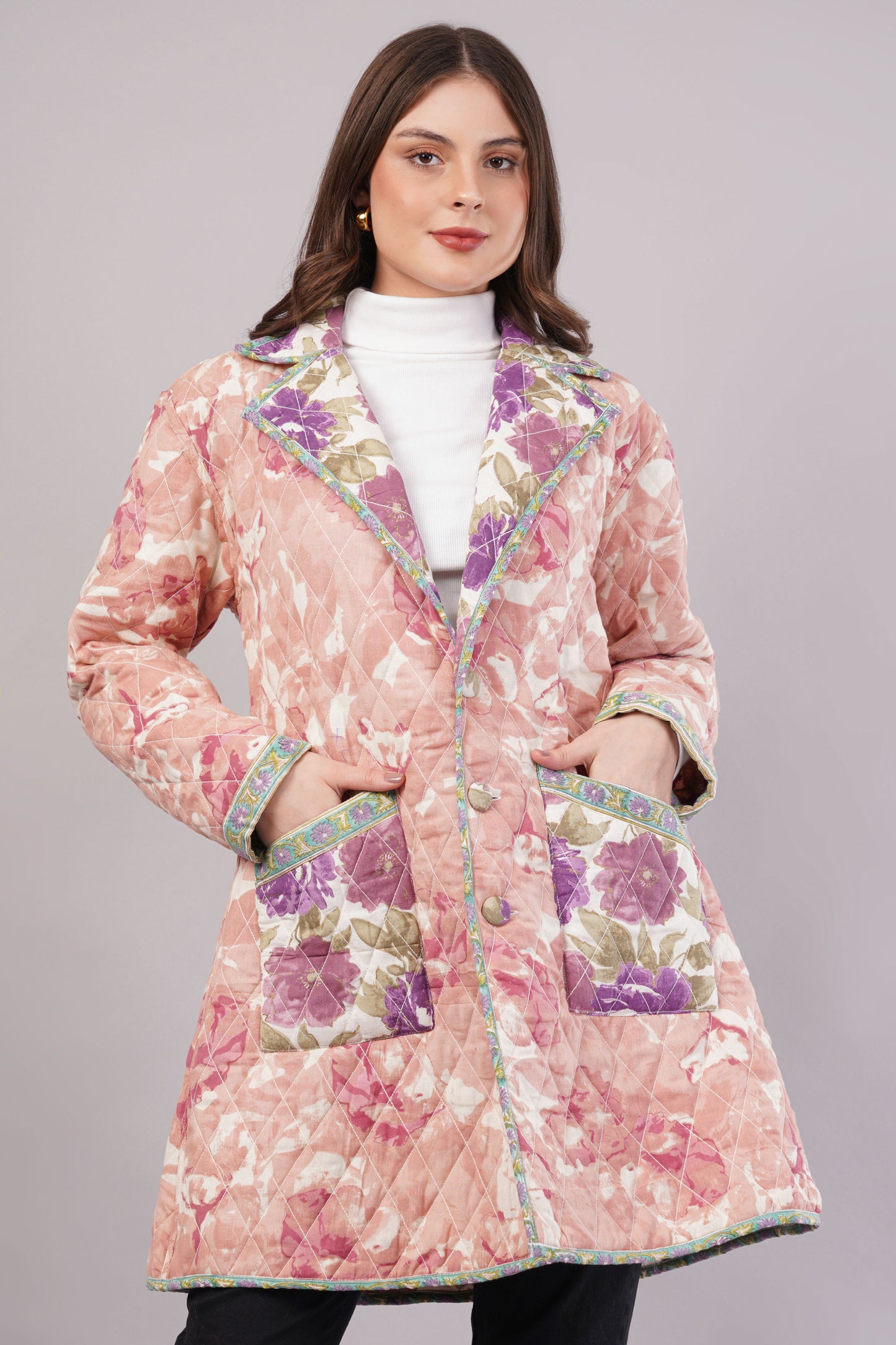 Purple & Pink Floral Quilted Reversible Jacket - Cotton Hand-Stitched Block Print Coat