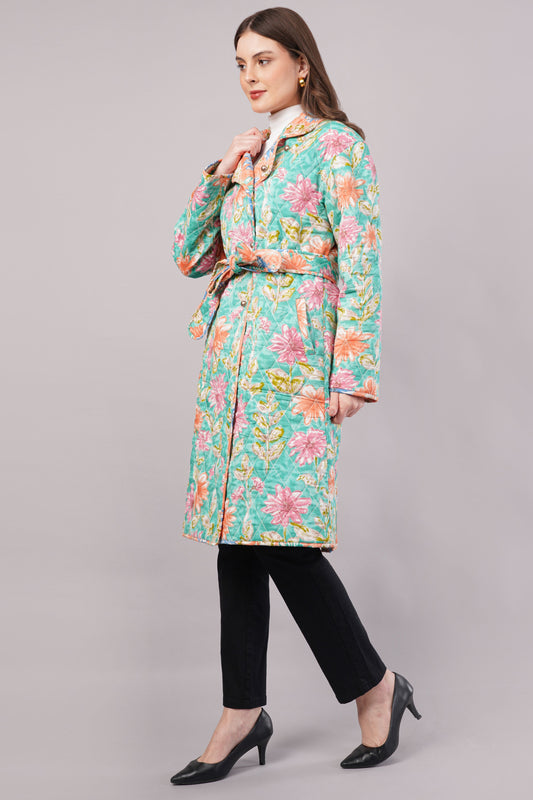 Reversible Blue Floral Quilted Jacket - Block Print Cotton Coat