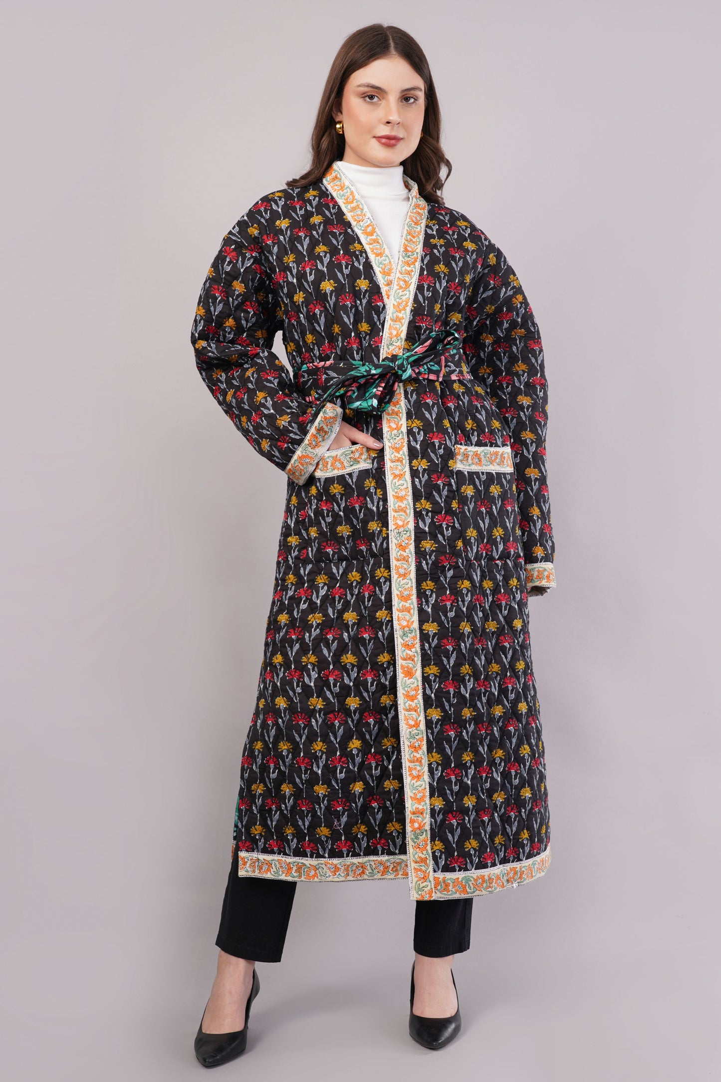 Reversible Quilted Floral Cotton Robe Coat โ Black Rose & Vintage Bloom Artisan Winterwear