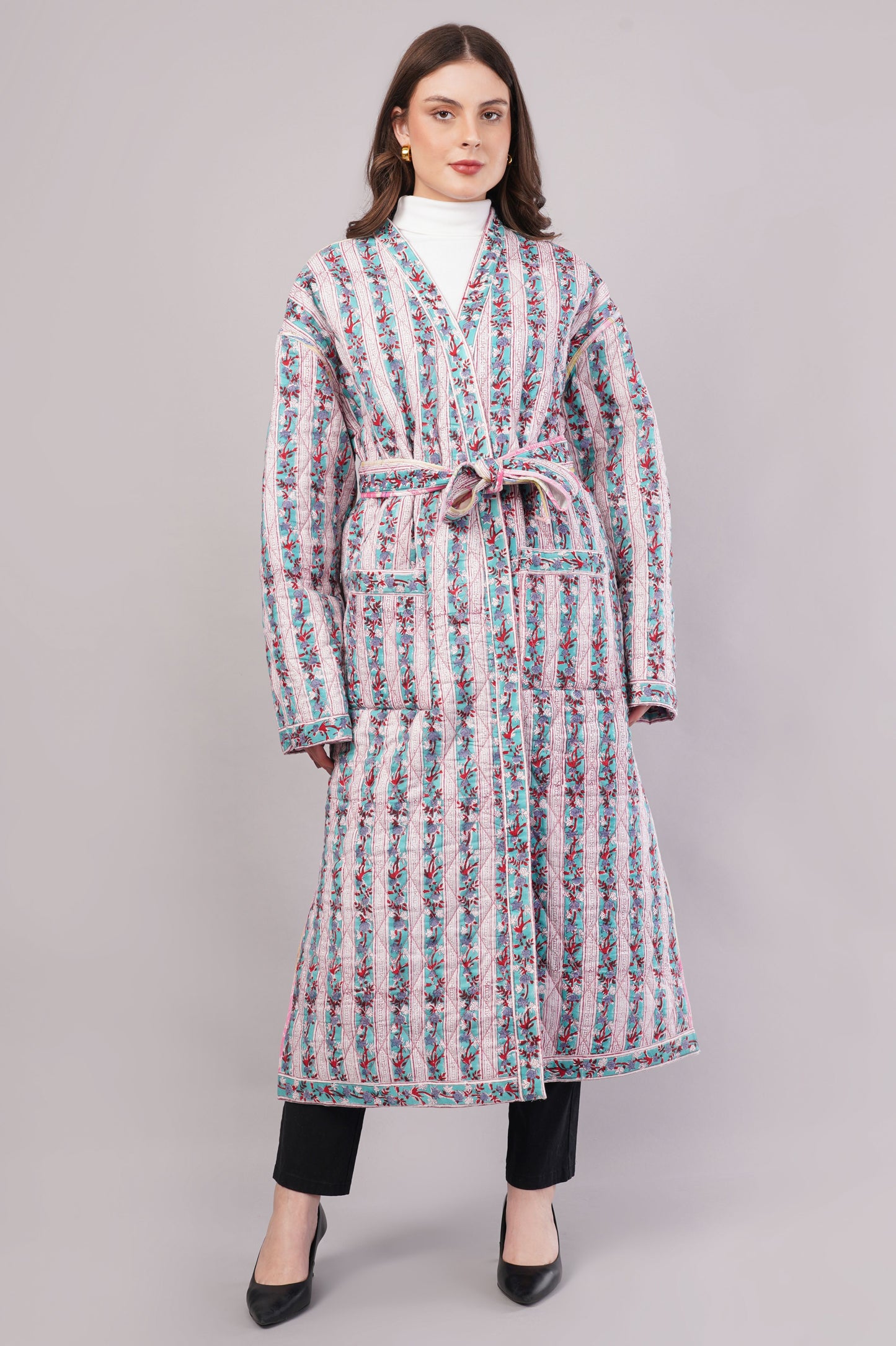 Reversible Quilted Cotton Robe ā Marbled Pink & Striped Floral Belted Loungewear