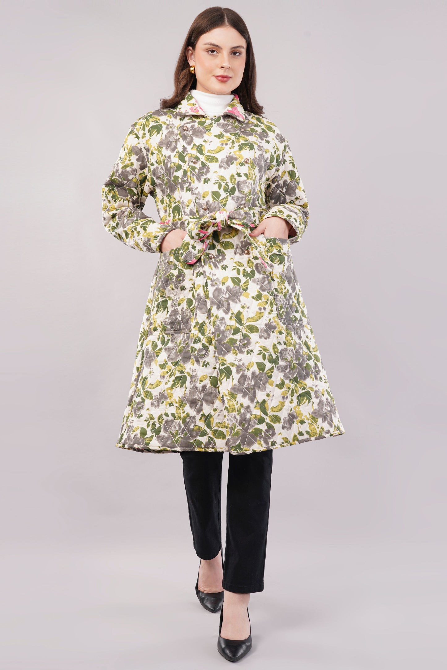 Reversible Quilted Cotton Robe ā Pink Floral & Green Botanical Belted Loungewear