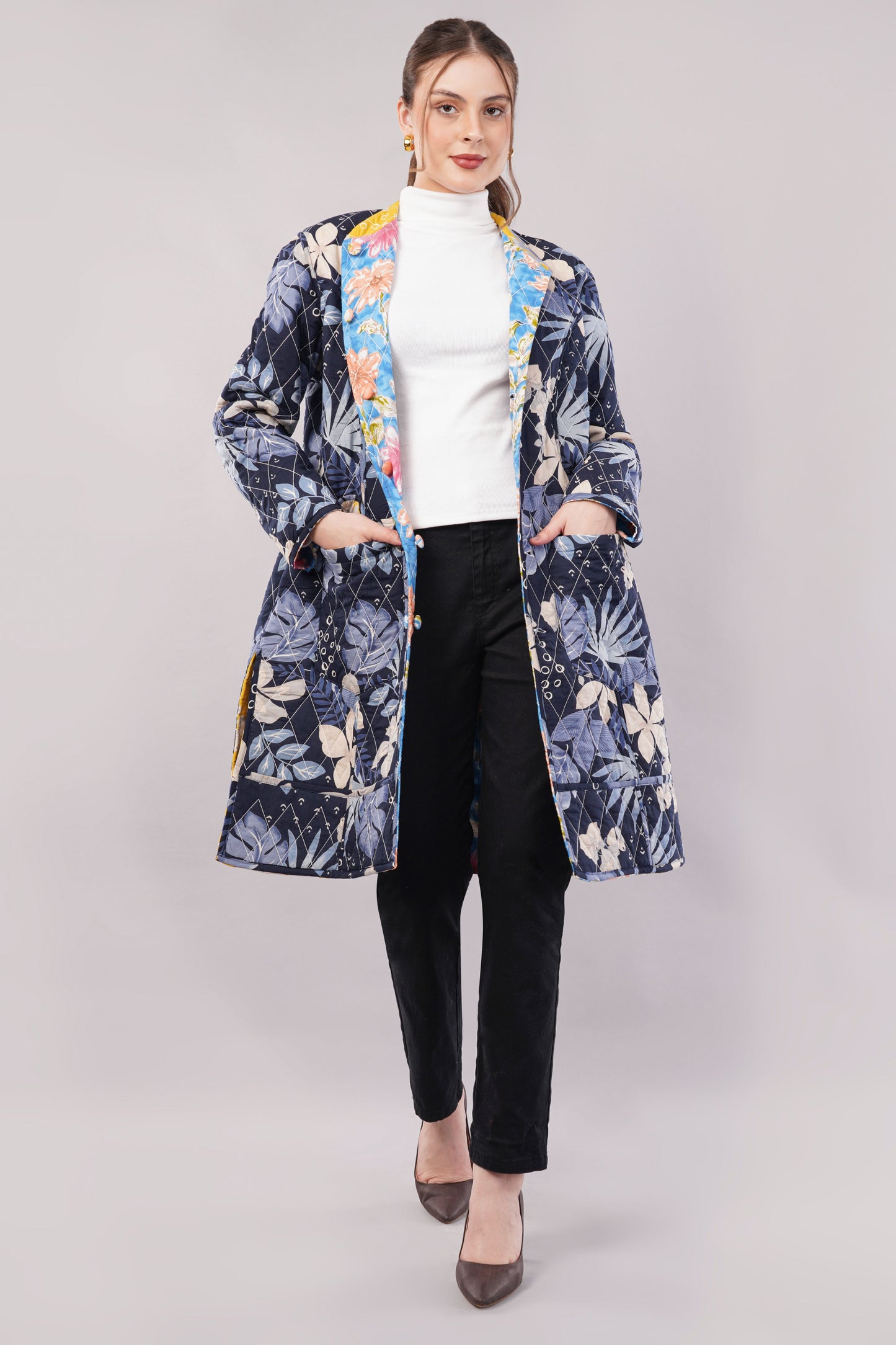 Reversible Quilted Cotton Coat ā Dark Blue & Multicolor Floral Long Jacket with Contrast Lining