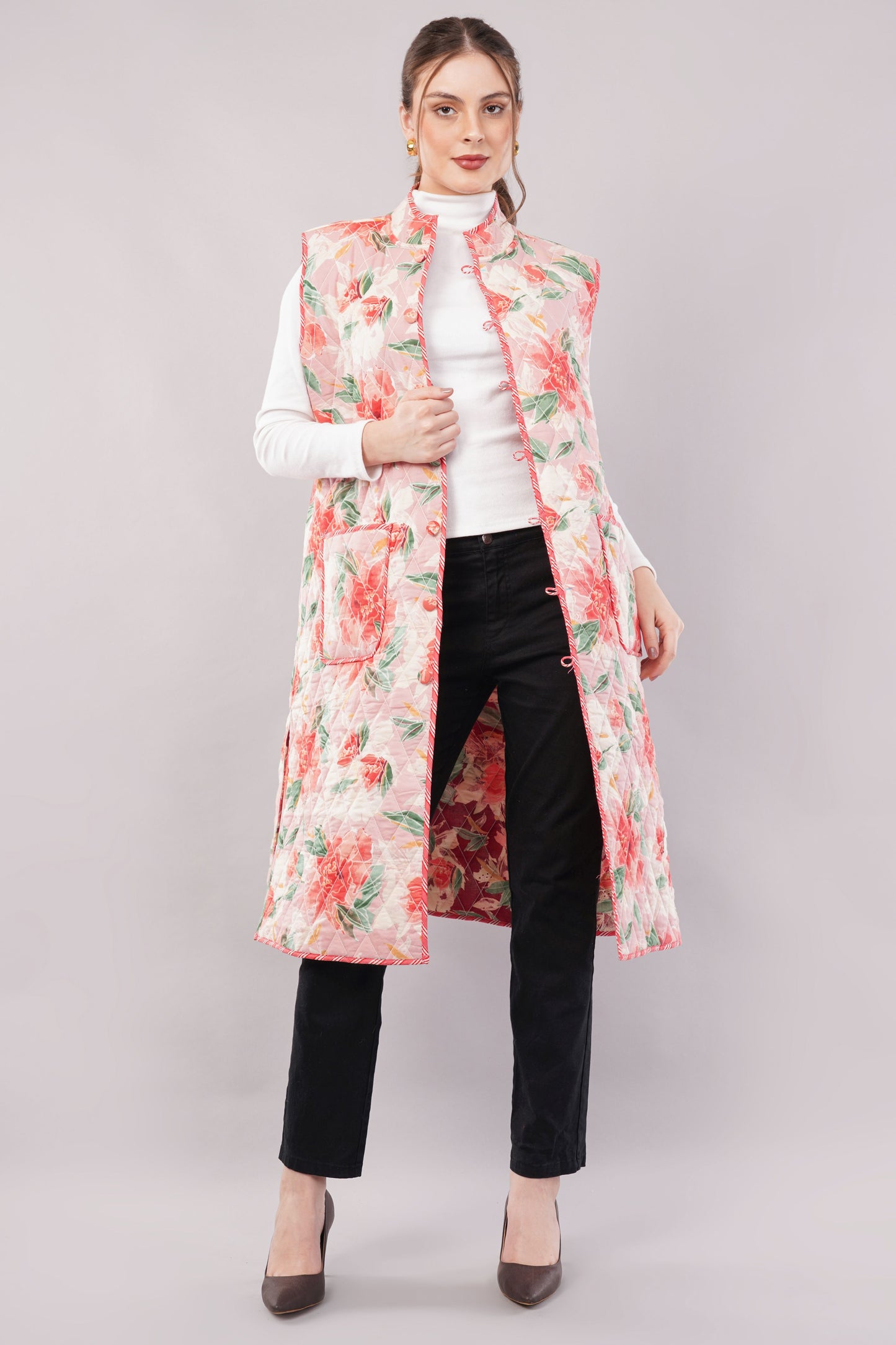 Reversible Quilted Cotton Vest – Pink Floral & Brown Botanical Sleeveless Jacket with Pockets