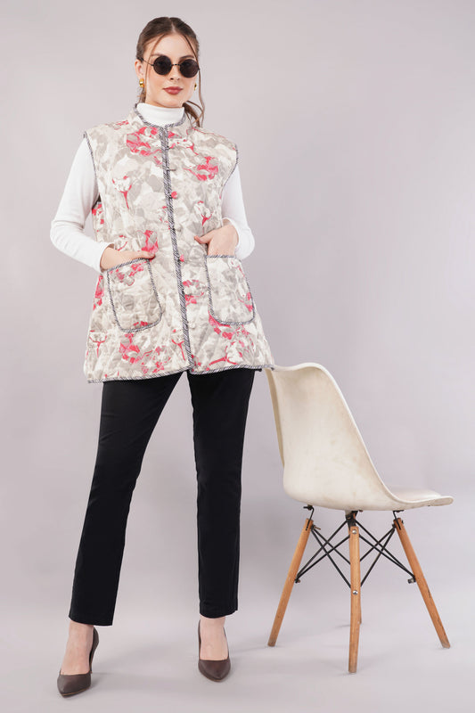 Reversible Sleeveless Quilted Cotton Vest Jacket – Artisan Floral & Geometric Print, Dual-Sided Layering Piece