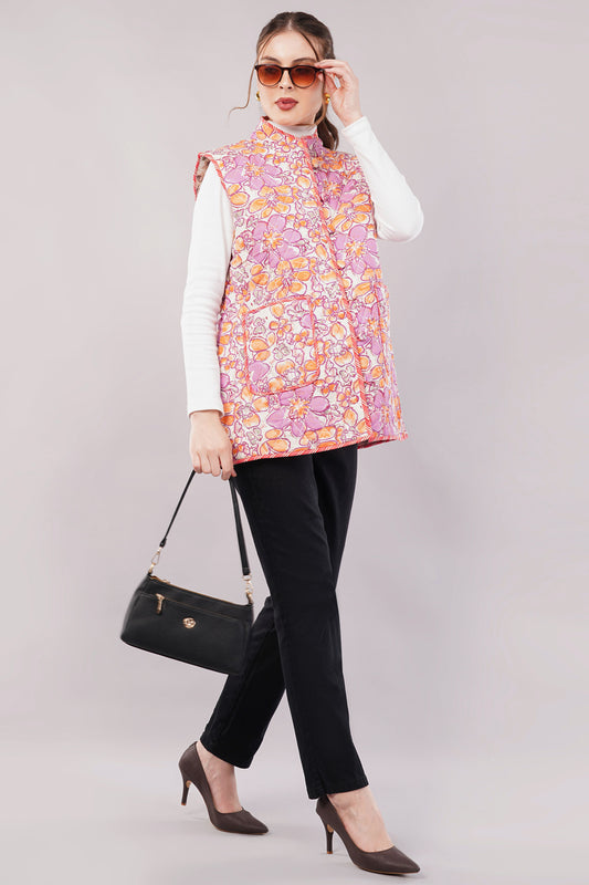 Reversible Sleeveless Quilted Cotton Jacket-Vest – Pink Floral & Earthy Beige Print, Dual-Sided Artisan Outerwear