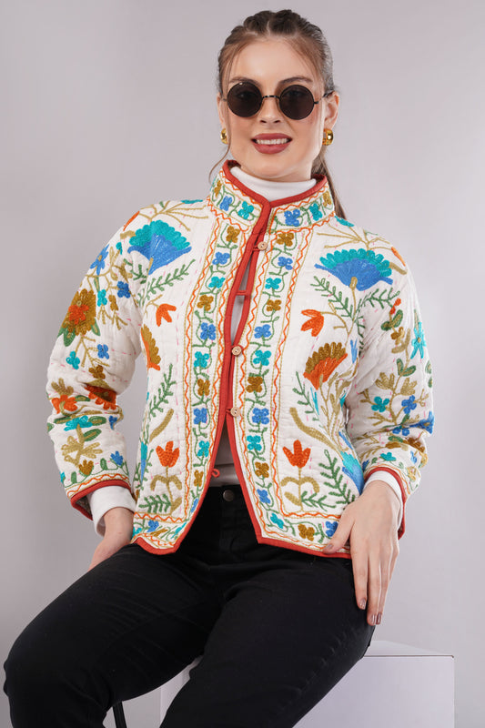 Suzani Velvet Embroidered Jacket – Botanical Motif White Multicolor Artisan Handmade Luxury