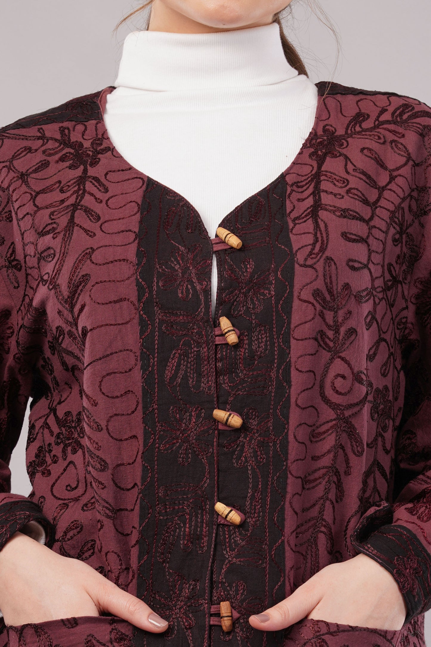 Suzani Velvet Jacket – Maroon Floral Embroidery Handcrafted Winter Coat