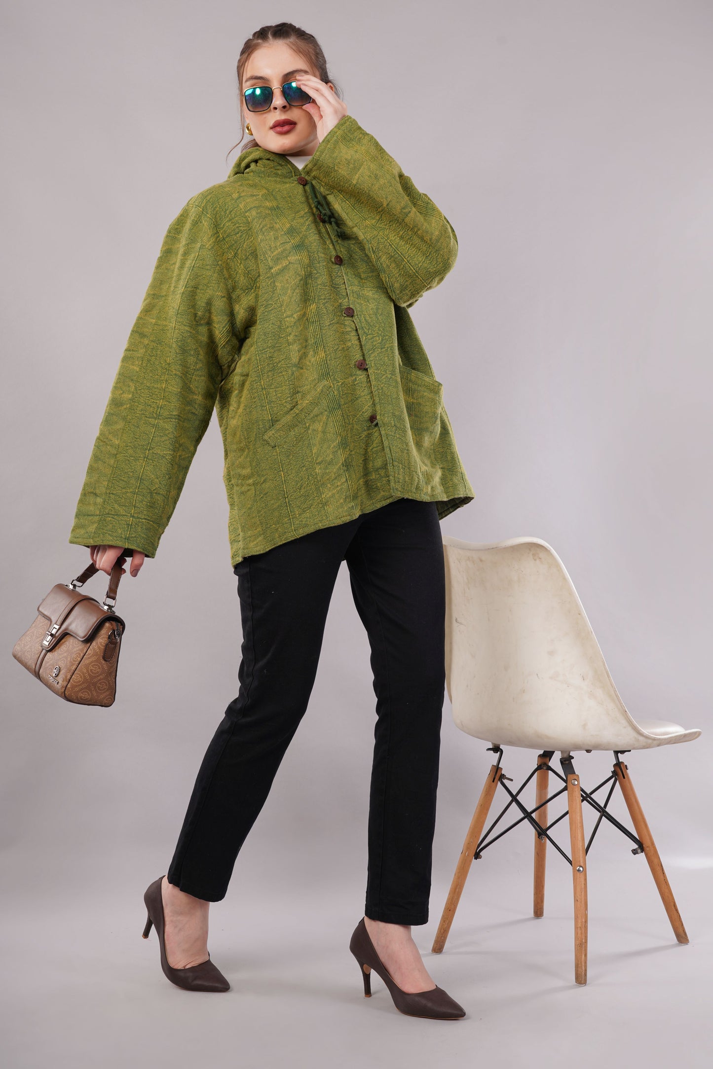 Green Textured Cotton Jacket with Hoodie Pullover & Toggle Buttons – Outerwear