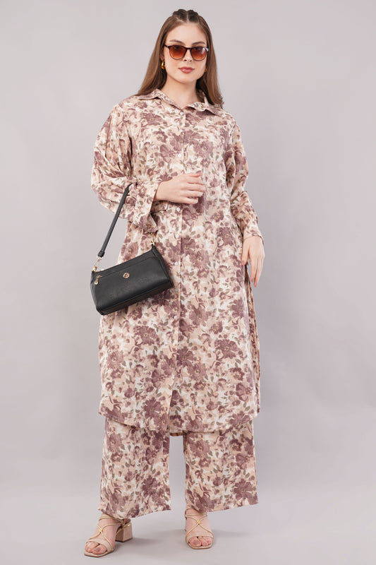 Women Botanical Floral Co-ord Set - 2-Piece Longline Button-Down Tunic & Wide Leg Trousers