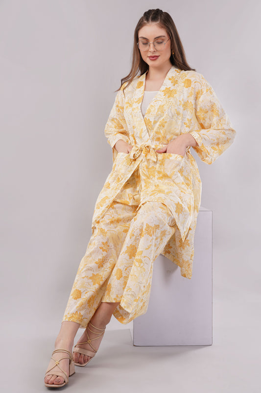 Yellow Floral Print 2-Piece Co-ord Set with Kimono Shrug and Wide Leg Trousers