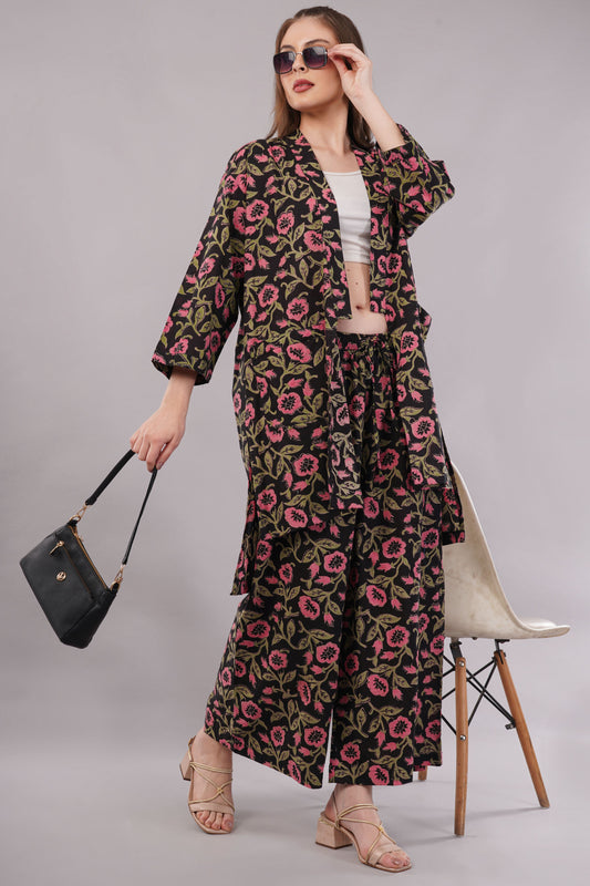 Floral Print Cotton Kimono Jacket & Palazzo Set - 2-Piece Bohemian Co-ord