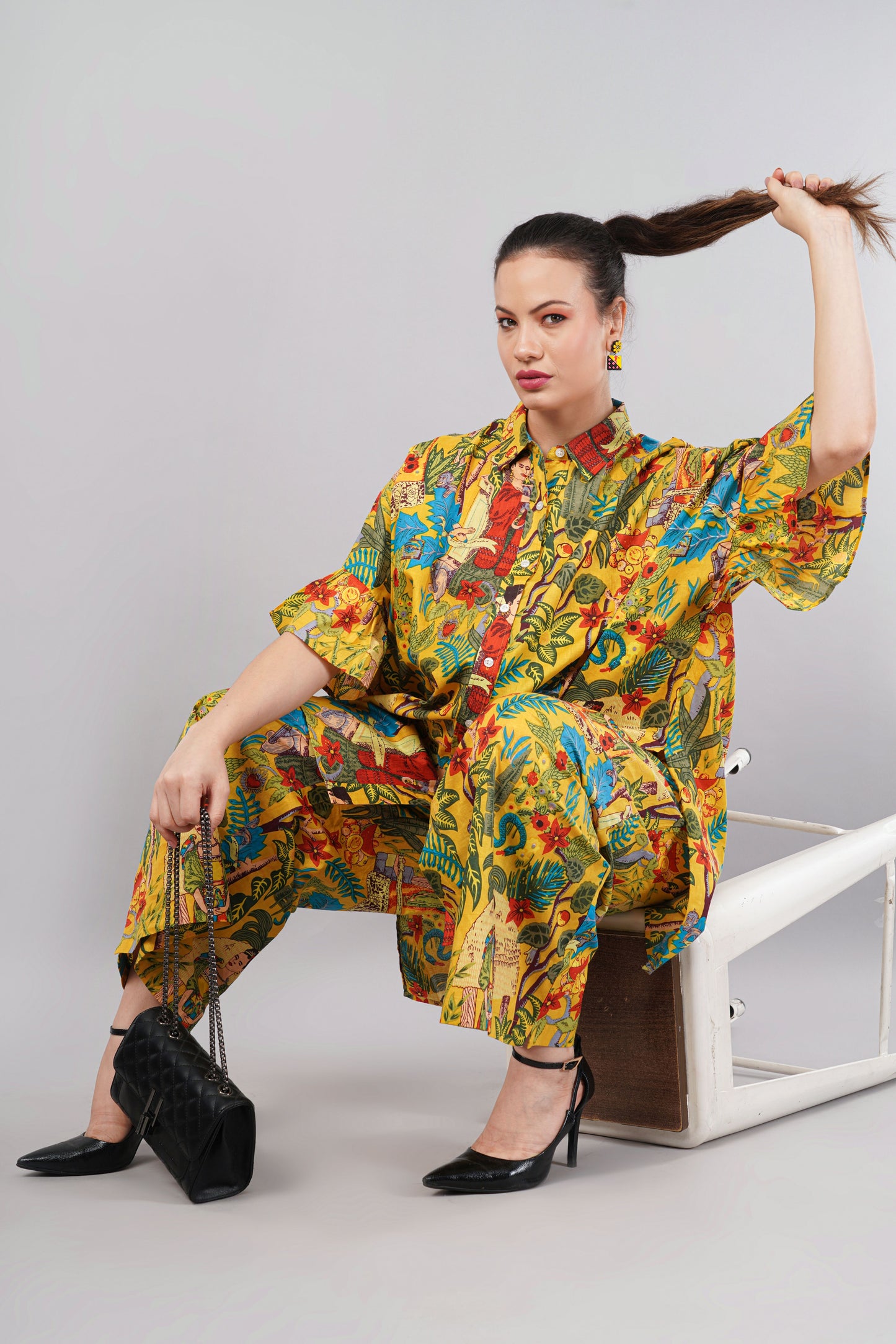 Yellow Frida Kahlo Artistic Print Co-Ord Set for Women | Relaxed Fit Shirt & Wide-Leg Pants