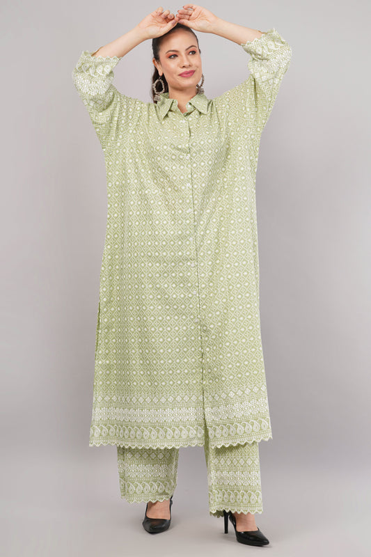 Green Ethnic Print Co-ord Set | Longline Tunic Shirt with Embroidery