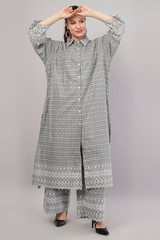 Charcoal Grey Ethnic Print Co-ord Set | Longline Tunic & Embroidered Wide-Leg Pants