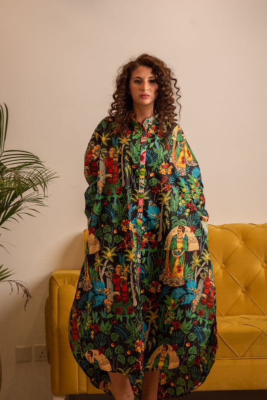 Black Multicolor Frido Kahlo Print Kaftan Dress
