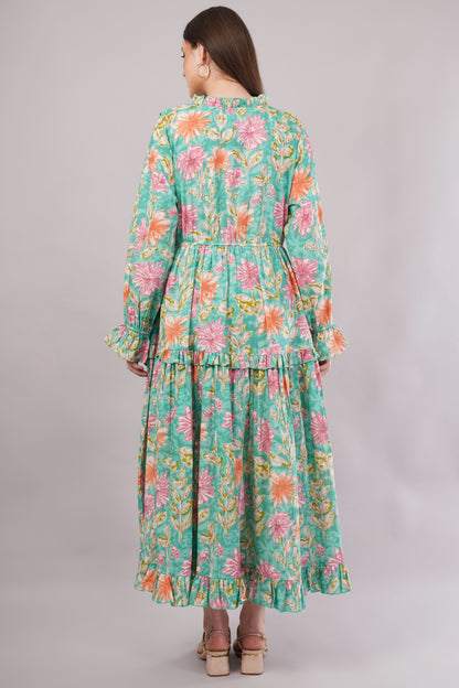 Turquoise Floral Cotton Kaftan – Lightweight, Breathable & Elegant