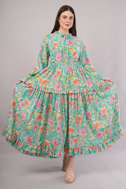 Turquoise Floral Cotton Kaftan – Lightweight, Breathable & Elegant