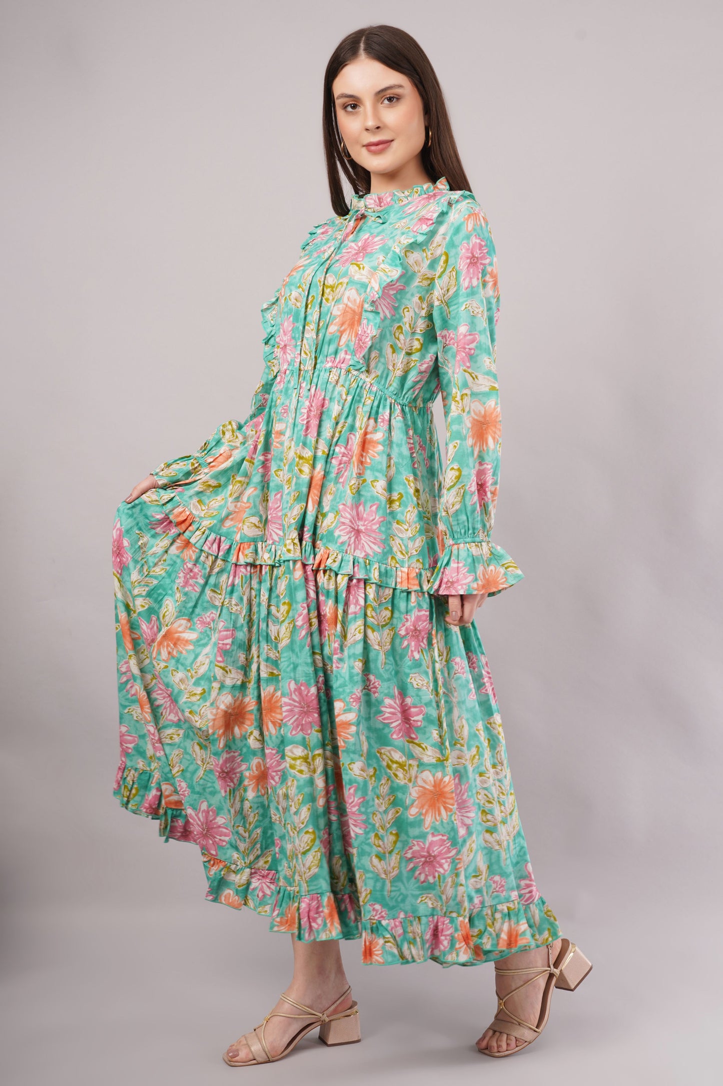 Turquoise Floral Cotton Kaftan – Lightweight, Breathable & Elegant