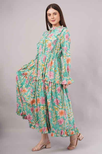 Turquoise Floral Cotton Kaftan – Lightweight, Breathable & Elegant