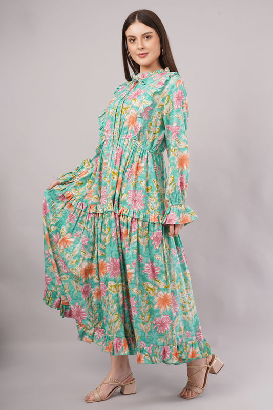 Turquoise Floral Cotton Dress– Lightweight, Breathable & Elegant
