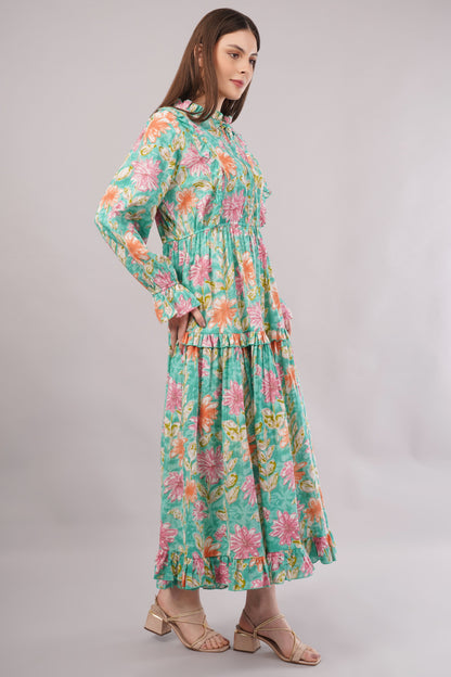 Turquoise Floral Cotton Kaftan – Lightweight, Breathable & Elegant