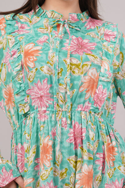 Turquoise Floral Cotton Kaftan – Lightweight, Breathable & Elegant