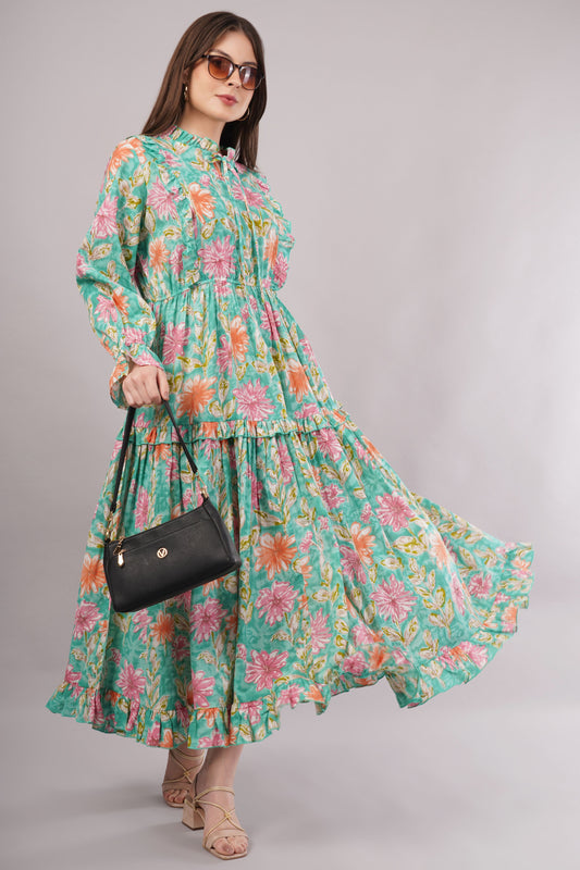 Turquoise Floral Cotton Dress– Lightweight, Breathable & Elegant