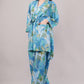 Tropical Blue Botanical Kimono Co-ord Set - 2-Piece Wrap Top & Wide Leg Pants