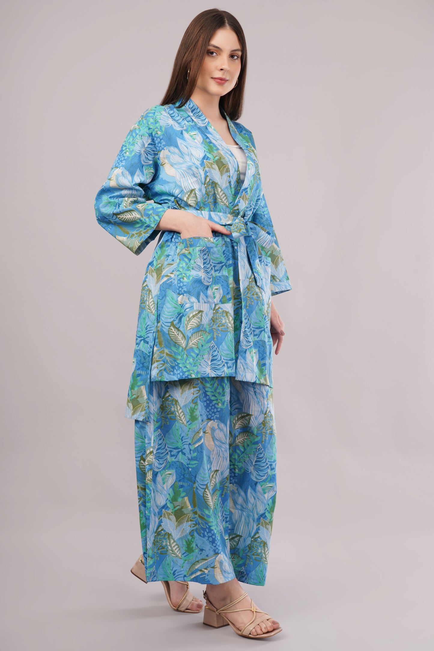 Tropical Blue Cotton Co-ord Set – Leafy Print with Wrap Top & Wide-Leg Pants