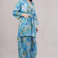 Tropical Blue Botanical Kimono Co-ord Set - 2-Piece Wrap Top & Wide Leg Pants