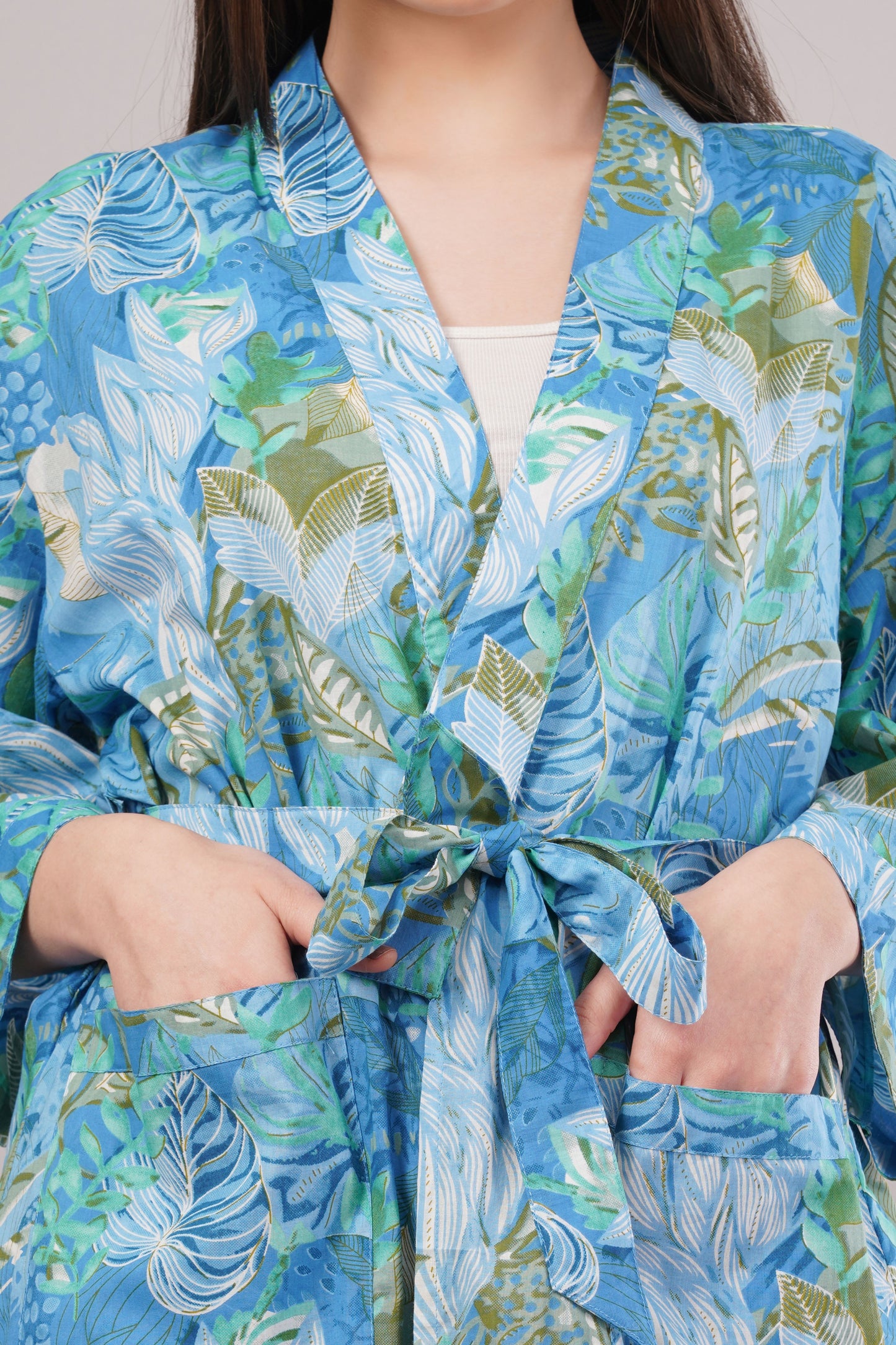 Tropical Blue Botanical Kimono Co-ord Set - 2-Piece Wrap Top & Wide Leg Pants