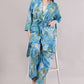 Tropical Blue Botanical Kimono Co-ord Set - 2-Piece Wrap Top & Wide Leg Pants